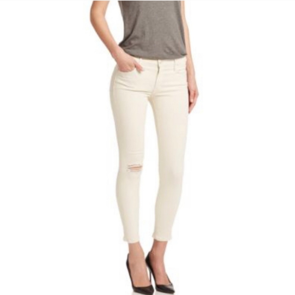 Mother Denim The Charmer Distressed Skinny Jeans Warm Ivory Size 25